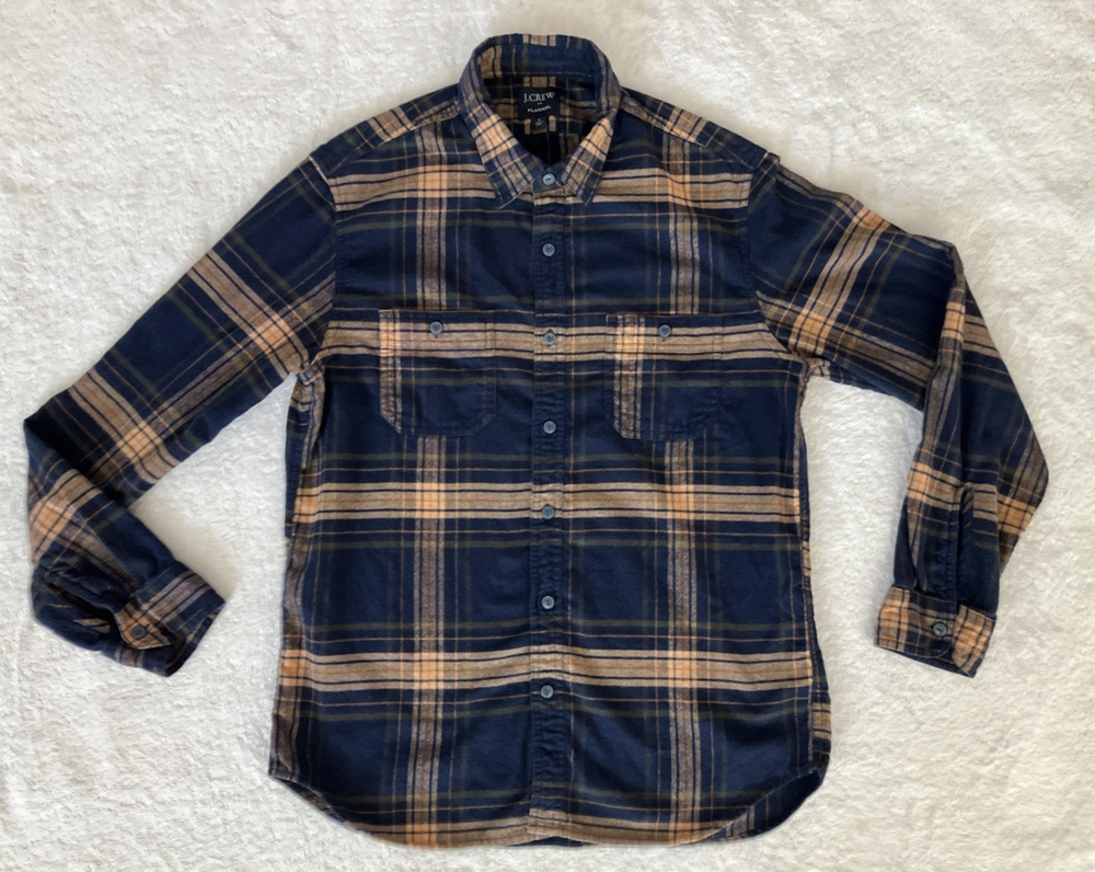 J.CREW Men's Flannel Plaid Button Down Shirt Brown Blue Long Sleeve Preppy Large